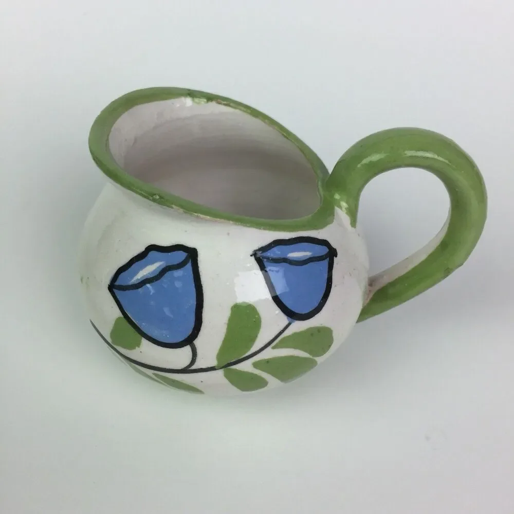 Vtg Italy Handpainted Blue Tulip Flower Stoneware Creamer Sugar Bowl Tray Set